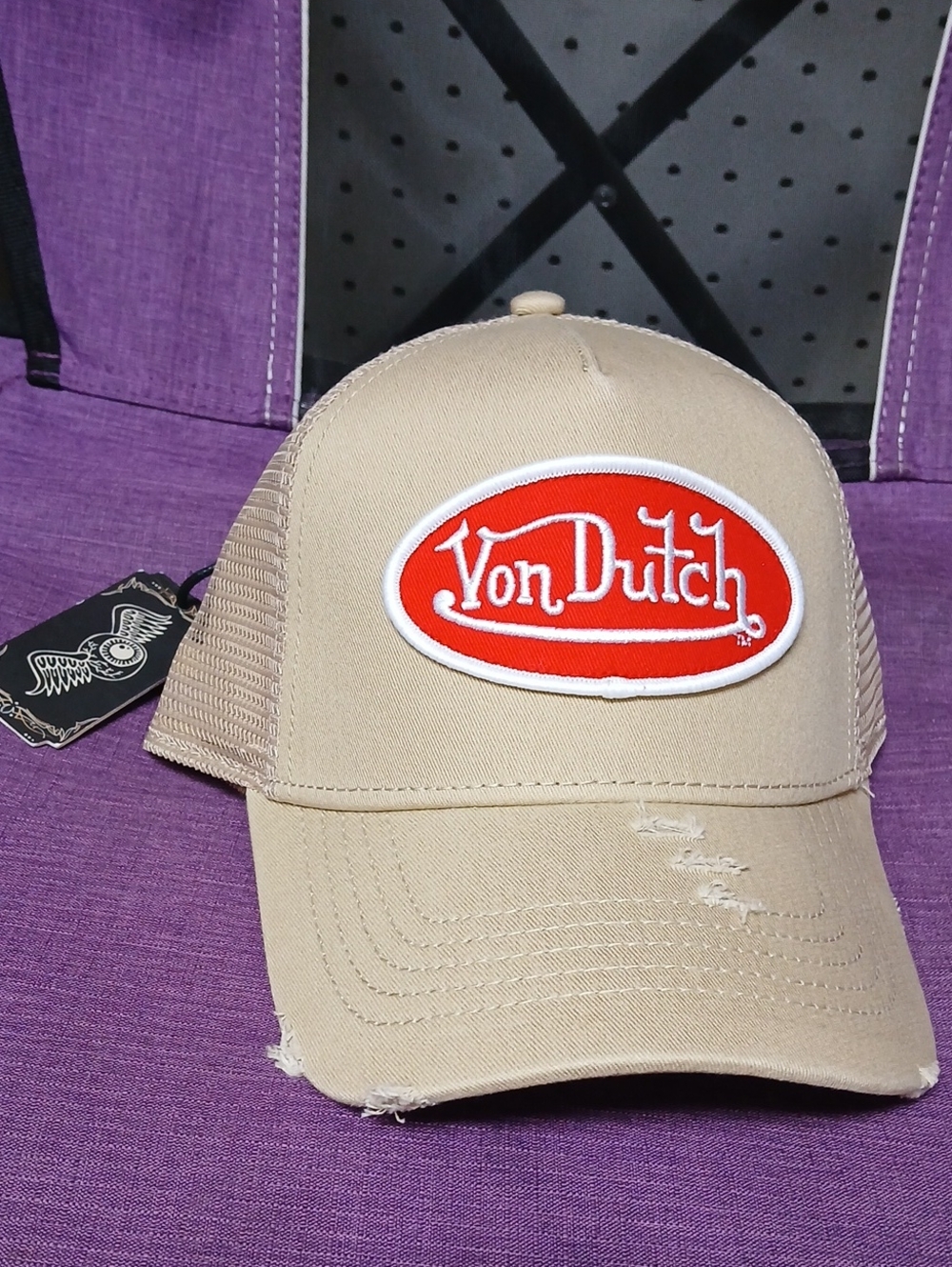 Von Dutch Tan Trucker Hat with Red Logo Patch